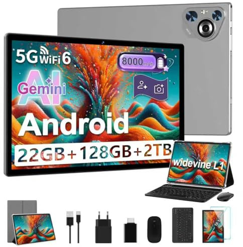 Dghrti Tablet 10 Inch Android, 22GB RAM+128GB ROM (1TB TF), Octa-Core CPU, 8000mAh, Widevine L1, Dual WiFi, BT 5.0, Face ID, 5MP+8MP, with Metal Case, Keyboard and Mouse-Grey