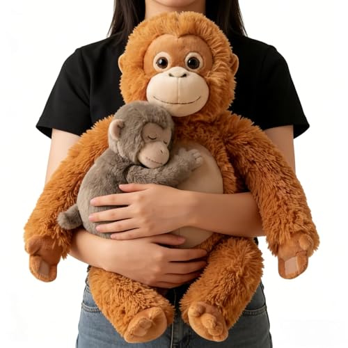 Punch Monkey Plüschtier, 66 cm großer Orang-Utan mit Baby Äffchen, sitzend 30 cm, Kuscheltier aus umweltfreundlichem Plüschmaterial, waschbar und sicher für Kinder, realistisches, weiches kuscheliges