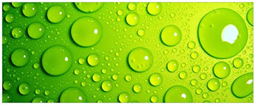 Wallario Glasbild Wassertropfen auf Grün - 50 x 125 cm Wandbilder Glas in Premium-Qualität: Brillante Farben, freischwebende Optik