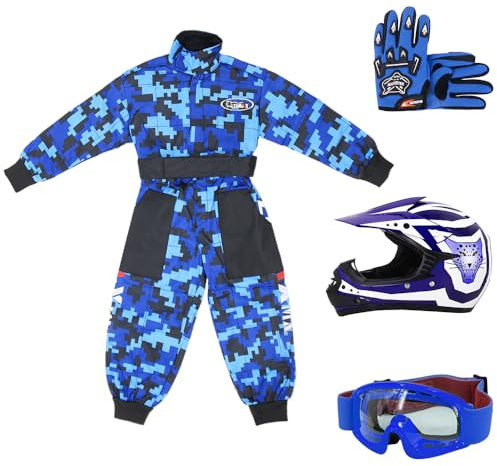 Zorax Blue CAMO S(5-6 Years) Kids Suit & Gloves M(6cm) & Goggles & Zorax M (51-52cm) ZOR-X17 Kids Children Motocross Motorbike Motorcycle Helmet Set ECE2206