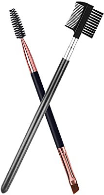 Duo Eyebrow Brush and Eyelash Comb Set - Professional Angled Eye Brow and Spoolie Brush (Black+Black)