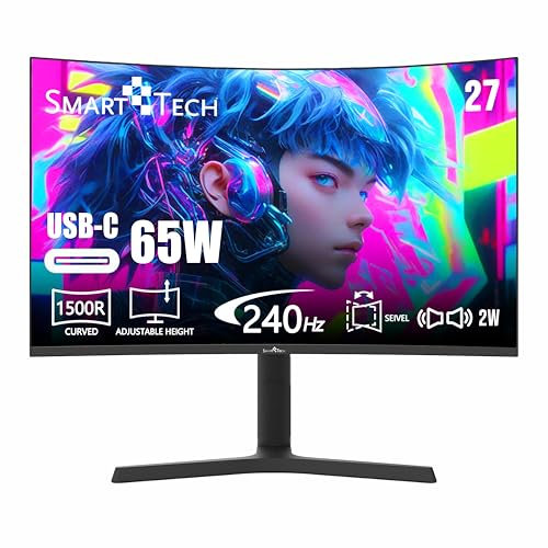 SMART TECH Curved Gaming Monitor 27, 240Hz, Full HD(1920x1080), Cured 1500R, eingebaute Lautsprecher, 1ms, FreeSync, Display USB-C 65W, höhenverstellbar, USB-C, DP 1.4, HDMI 2.1-Anschlüsse
