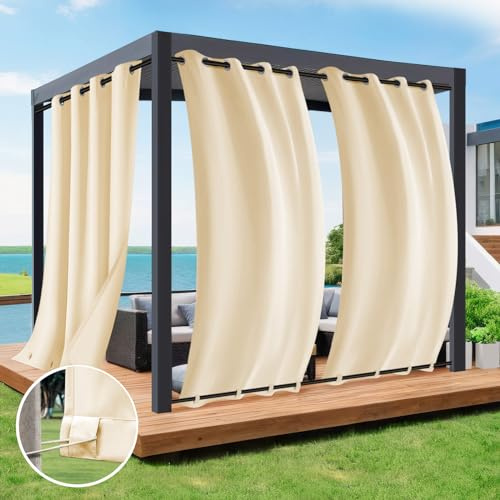 Rosnek Outdoor Vorhang Wetterfest Unten Gewichtet,Outdoorvorhänge mit Ösen H 243xB 132cm Outdoor Vorhänge Wasserdicht Außenvorhang,Winddicht Balkon Gardinen für Terrasse,Pergola,Pavillon,1 Stück,Beige