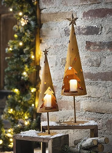 2X Windlicht Tanne aus Metall mit Echtrost Finish, 45 + 60 cm hoch, inkl. Teelich-Glas, Kerzenhalter mit Glas-Windlicht, Balkon & Gartendeko für Draußen