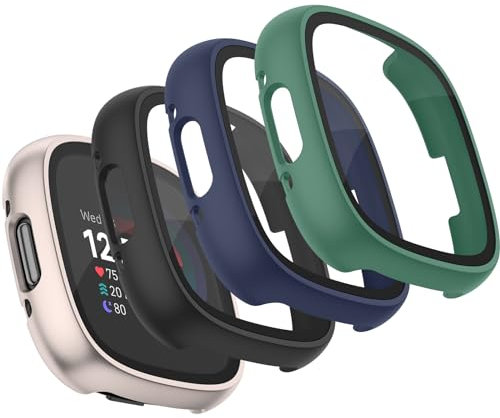 Vancle für Fitbit Versa 4 Hülle,4Stück Vollständige Abdeckung Schutzfolie Hard PC Schutz Displayschutz Folie Gehäuse für Fitbit Sense 2(Schwarz/Marineblau/Starlight/Grün)