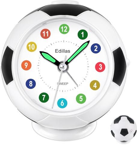 Edillas Wecker Kinder Jungen Mädchen, Fußball Wecker Analog Ohne Ticken mit Licht Schlummerfunktion für Kinder Schlafzimmer Nachttisch Tisch Aufwachenuhr (Schwarz)