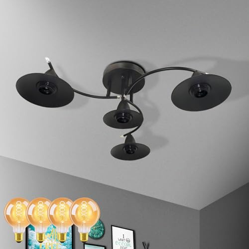 GBLY Deckenlampe Vintage Deckenleuchte mit 4 × E27 G95 Spiralförmigen | GlühfädenGlühbirne Retro Schwarz Wohnzimmerlampe Industrial Flurlampe Schlafzimmerlampe Esszimmerlampe Wohnzimmer Beleuchtung
