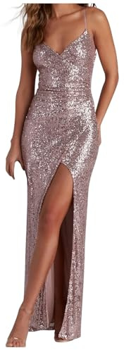 VPQILH Abiti Lunghi con Scollo a V e Spacco in Paillettes, Elegante Lungo Donna, Festa Vestito con Brillantini, Senza Maniche