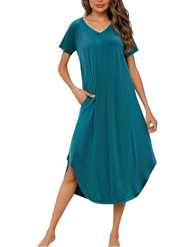 Marvmys Chemise de Nuit Femme Coton Manches Courtes Vetements De Nuit Grande Taille Robe de Nuit col V Nuisette Femmes avec Poches L-4XL
