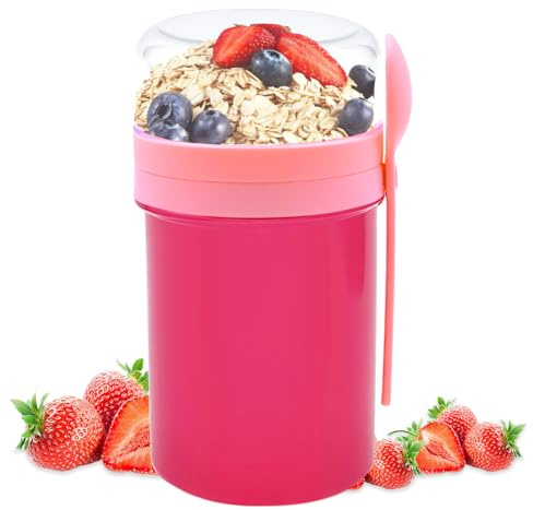 TULEBOLIAN MüSlibecher to Go, 250ml+550ml Joghurtbecher to Go Kinder mit Löffel Auslaufsicherer Müsli Cup to Go Müslischale für Kinder & Erwachsene, Rosa