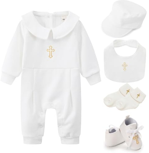 Joygoodta Baptism Outfits for Boys Cotton Baptism Boy Outfit with Hat, Bib, Socks, Shoes Long Sleeve Christening White Suit 66cm