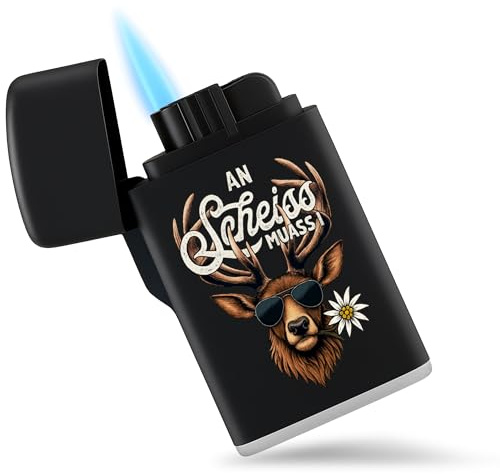 Feuerzeug Sturmfeuerzeug - Oktoberfest & Wiesn - An Scheiss muass i Hirsch - lustig Gadget Outdoor - 6,5 x 4 cm - Schwarz