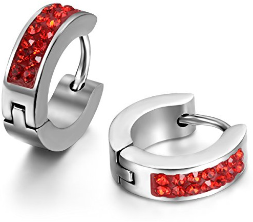 Jewelrywe Joyería Pendientes Hombres Donna, pendientes del aro, de acero inoxidable y Strass, Rojo Plata (con bolsa de regalo)