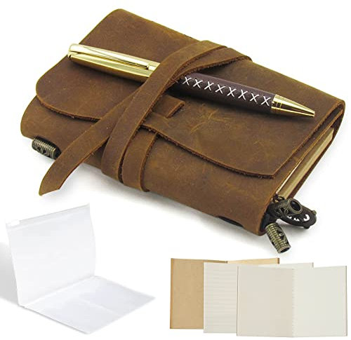 Taccuino Diario Tascabile in Pelle, Diario di Viaggio Ricaricabile, Perfetto per Scrivere, Regali, Utenti di Penne Stilografiche, Viaggiatori Professionisti Classico Stile Rustico Vintage 13,7x11cm