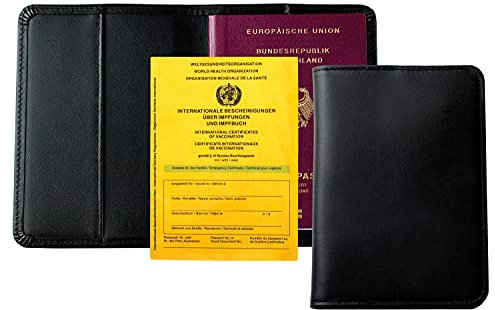 DELMON VARONE - Personalisierbare Reisepasshülle mit Name, Monogramm oder Initialien Boxcalf Leder Schwarz - Schutzhülle Etui für Reisepass, Passport, Impfpass & Impfausweis - Hülle für Damen & Herren
