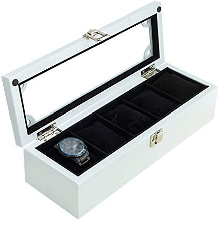 Uhrenbox aus Holz Luxus-Schmuckuhren Aufbewahrungsvitrine Armbandablage mit 5 Entnahmekissen, Manschettenknopf-Organizer mit Schloss und Deckglas (weiß)