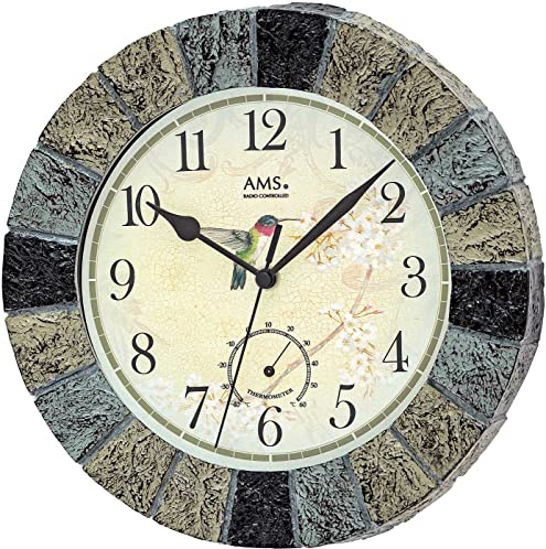 AMS 5979 Wanduhr Rund mit Funkwerk und Temperaturanzeige, 26 cm Durchmesser, Wetterresistent für Innen- und Außenbereich, Kunststoff in Stein-Optik