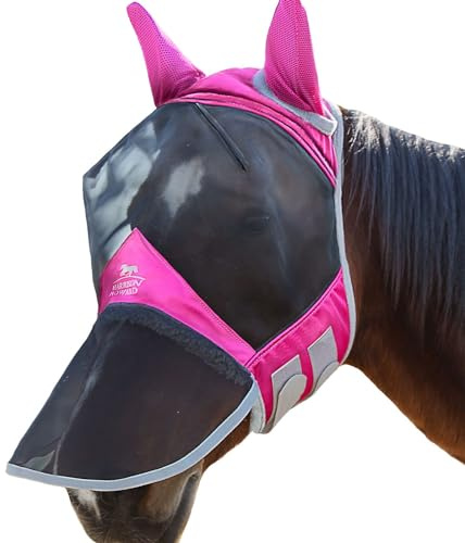 Harrison Howard CareMaster Pro Luminous Flugmask för hästar med stort ögonutrymme, utökad näsdel, UV-skydd för hästen, flamingo XL, extra full