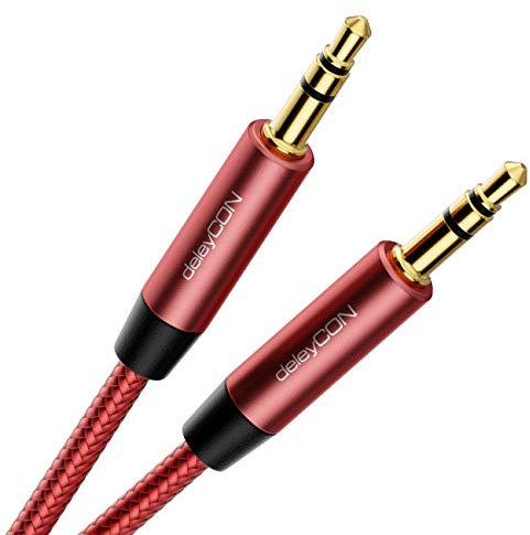 deleyCON 0,5m Nylon 3,5mm Klinke Audio Stereo AUX Kabel Klinkenkabel Audiokabel Nylonkabel Metallstecker Handy Smartphone Tablet Kopfhörer HiFi Receiver - Rot/Rosa