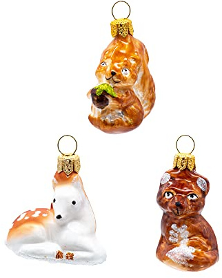 Oberfränkische Glas Weihnachtsbaumschmuck, Waldtiere 3er Set