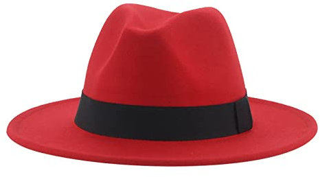 QBQZXAOSOWH Fedora Trilby Fedora-Hüte Für Frauen 9,5 cm Breite Krempe Kleid Männer Mützen Filzhut Panama Kirche Hochzeitsband Band Männer Hut 56-58 cm Rot