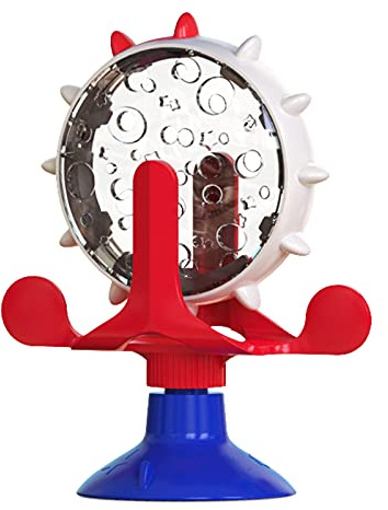 Distributeur de friandises interactif pour chat, jouet multifonction qui fuit en forme de roue, moulin à vent amusant pour chat, distributeur de nourriture pour chaton (rouge + bleu)