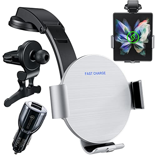 Olycism 15W Qi Dual Coils Cargador de Coche inalámbrico rápido para Galaxy Z Fold 4/3 Smart Car Phone Holder con Carga Compatible con Galaxy Z Fold 2 Series/S22 Ultra/S21/iPhone Huawei