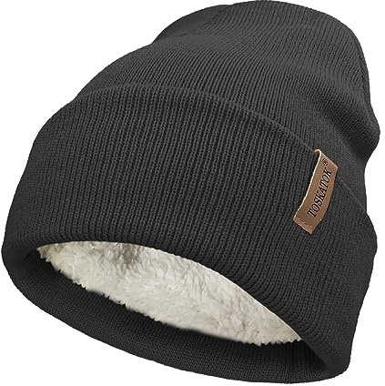 TOSKATOK Dam herr unisex klassisk manschett mjuk varm vinter stickad mössa hatt med mjuk termisk teddy fleecefoder, Svart-a, one size