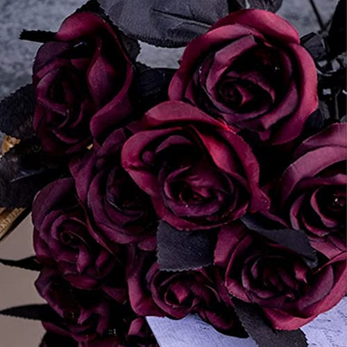 8xkünstliche Rosen, kein Verblassen, schwarze Rosen, einzelner Stiel, künstliche Seidenblumen, realistische Blütenblume für DIY, Heimbüro, Partydekoration, Brautstrauß, Halloween-Dekoration (weinrot)
