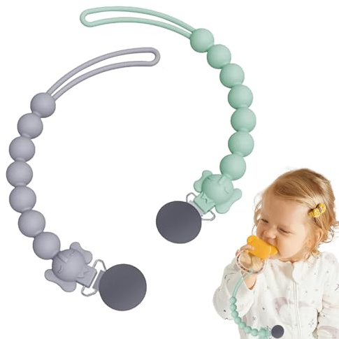 Attache Tetine en Silicone, lot de 2 Attaches Tétine pour Bébés Garçons et Filles, Pacifier Clip Chain, Garde la Tétine Propre, Douce et Flexible, Durable–Haute Ténacité, Vert, Gris
