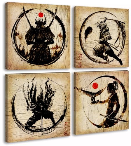 DJSYLIFE Japanische Dekor-Wandkunst, Retro, gepanzerte Samurai-Gemälde, Anime-Poster, Leinwandbilder, Büro, Vintage, schwarz, asiatisch, modern, Wohnzimmer, Schlafzimmer, Kunstwerk, gerahmt, fertig