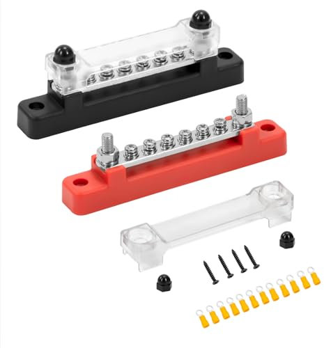 GUNGY Blocco di Distribuzione Alimentazione 12V-48V DC Busbar 150A Morsettiera di Alimentazione con 6 x M4 Terminale a Bolts per Auto Camion Barca Rosso e Nero 2 Pezzi