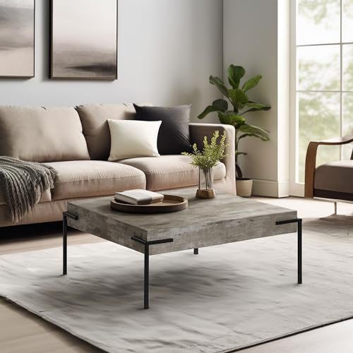 Wohnando Couchtisch Holz 80x80x36cm - Wohnzimmertisch Beton Optik Grau | Moderner Sofatisch mit schwarzem Metallgestell, quadratischer Coffee Table, pflegeleichte und robuste Tischplatte