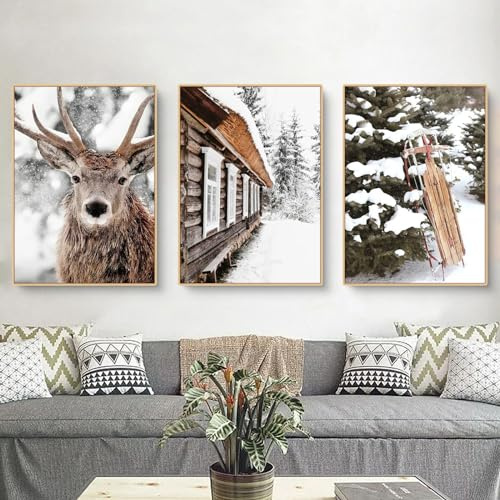 Herfair 3er Poster Set, Winter-Schneelandschaft Elch Holzhaus Bilder, ohne Rahmen Modern Weihnachtsdekoration Wandbilder Wohnzimmer Deko Schlafzimmer (A,50x70cm)