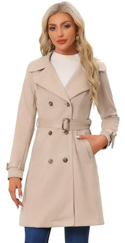 Allegra K Damen Trenchcoat Wildlederimitat Gekerbtem Revers Manschetten Zweireihig Bindegürtel Mantel Grau Rosa S