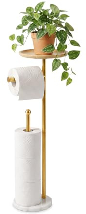 Stående toalettpappershållare guld med 20 cm stor bricka, 1 kg tyngre marmorbas, fristående pappershållarstativ med telefonhylla, rymmer 5 pappersrullar (guld)