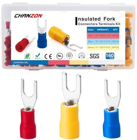 Chanzon Terminali a forcella isolati elencati UL #8 M4 Kit 160 pezzi Tipo U - 22-10 AWG - Connettori a crimpare Filo elettrico PVC rosso Ottone Rame Assortimento per cablaggio Confezione da 160