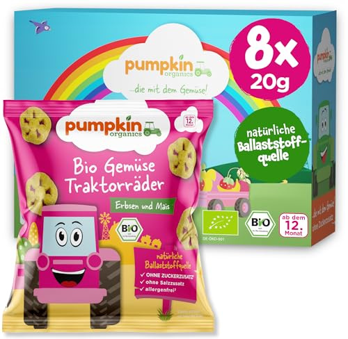 Pumpkin Organics Baby Bio Knabbersnack 8x Traktorräder Erbsen und Mais | Knabberspaß mit Knusperrädern ab 12 Monaten, allergenfreier² und glutenfreier² Bio Kindersnack ohne Salz- oder Zuckerzusatz¹