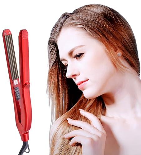 Pro Hair Crimper Small Wave Curling Iron Ceramic Straightener Crimping Iron Tool Plate Corrugated for Women Girls Short Long Hair Volumizing Fluffy Hairstyle (Red)