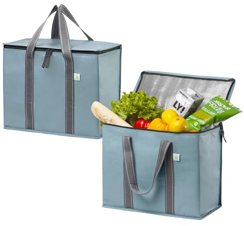 VENO 2 Pack Cooler Bag and Insulated Grocery Bags for Food Delivery, Collapsible Cooler. Reusable Shopping Bags for Groceries with Hard Bottom, Zippered, Foldable, Heavy-Duty (Light Blue, 2 Pack)
