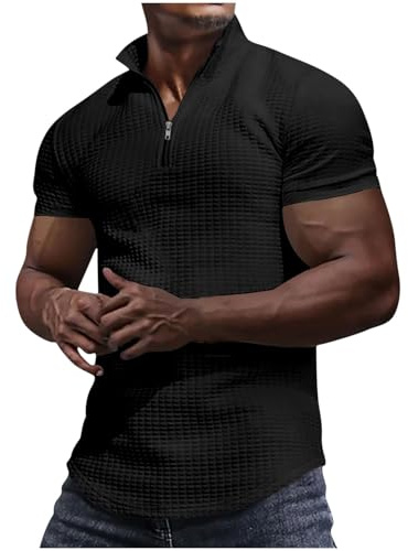 Men's Polos Muscle Fit Gym T Shirt Quarter Zip Golf Polos Shirts Summer Solid Color Waffle Top Plain Sports T-Shirt Short Sleeve Basic Tee Comfortable Breathable Workout Tops Activewear