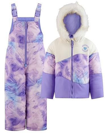 LONDON FOG Girls' Two-Piece Winter Snowsuit Skibib and Fleece Lined Puffer Jacket, Lavendar Marble, 6X