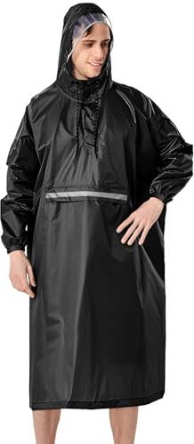 ANYOO Poncho de Pluie Imperméable Léger avec Manches Réglables, Cape de Pluie Portable avec Poche Multi-usage pour Femmes Hommes Randonnée en Plein air Cyclisme, Noir, Taille unique