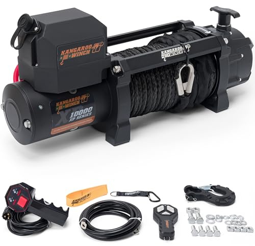 KANGAROO WINCH Schnelle Elektrische Seilwinde 12V, 10000 lbs Zugkraft | mit Funkfernsteuerung - Langlebiges Kunststoffseil - Perfekt für Offroad - 4x4 Forst- und Nutzfahrzeuge (K10000XP)