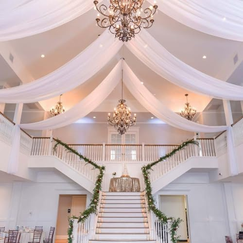 Efavormart 40ft White Ceiling Drapes, 10ft x 40ft Sheer Voile Curtain Panels with 4 Rod Pockets, Fire Retardant Fabric for Wedding Arch, Party Backdrop, Stage Decor, Event Drape