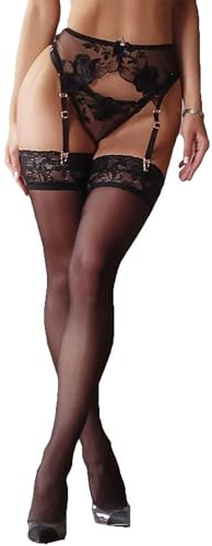 Femme Bas Porte-Jarretelles Sexy avec Culotte Lingerie Transparente Bretelles Florale Jarretelles Taille Haute avec 4 Clips Métalliques (FR/ES, Alpha/lettres, M, Taille normale, Taille normale, Noir)