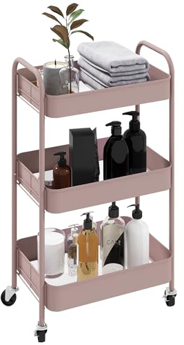 HOMCOM 3-tier Storage Trolley on Wheels with 3 Mesh Baskets Pink