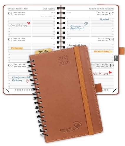 POPRUN Agenda De poche 2025 2026 Semainier 16 x 10,5 cm D'Août 2025 à Déc 2026 - A6 Petit Planner Scolaire 17 Mois, Couverture Souple Spirale, Règle et signet, Papier 80g/m², Marron