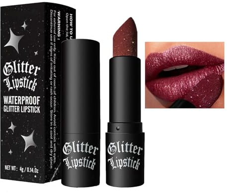 Diamond Glitter Lipstick - Moisture Tinted Lip Balm, Dark Red High Shine Gloss for Women, Sparkling High Pigment Non-Stick Cup, Shimmer Make up
