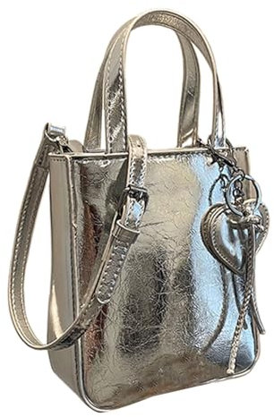 Vllold Kleine Beuteltasche – PU kleine Geldbörse Eimer Handtaschen – Frauen Arbeitstasche Schulter Hobo Taschen Casual Tote Bag für Handys, Schlüssel, silber, Refer to description